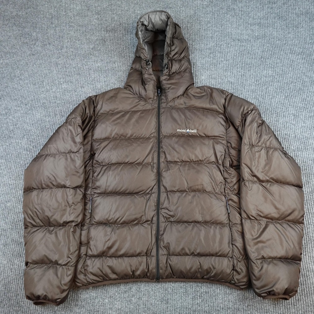 Montbell Alpine Down Jacket Mens XL Brown Hooded Full Zip Puffer Insulated Ski